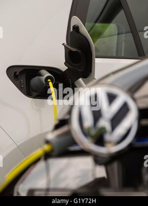 Wolfsburg, Deutschland. 20. Mai 2016. Ein Ladestecker hat eine elektrische VW Golf und ein Hybrid Golf auf einer Ladestation im VW-Werk in Wolfsburg, Deutschland, 20. Mai 2016 gesteckt worden. Foto: SEBASTIAN GOLLNOW/Dpa/Alamy Live News Stockfoto