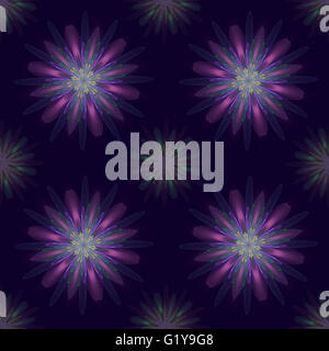 Fraktale Blumen in ein nahtloses Muster auf dunklem Hintergrund Stockfoto