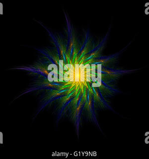 Fraktale Sterne leuchten in gelb, grün und elektrische blau auf schwarzem Hintergrund Stockfoto