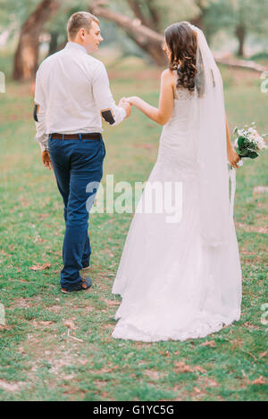 Hübscher Bräutigam und die Braut im weißen Schleier gehen Hand in Hand zurück auf den grünen Hintergrund Wald Stockfoto