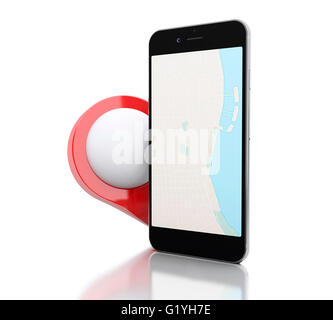 3D Renderer Bild. Smartphone mit einer Karte und rote Kartenzeiger. Navigationskonzept. Isolierten weißen Hintergrund. Stockfoto