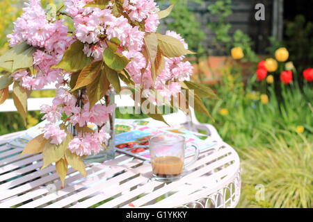 Japanische Kirschblüte in der Vase auf dem Tisch im Garten Stockfoto