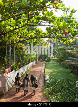 Junge Studentinnen Fuß zur Schule in Kainakary Dorf, einem kleinen ländlichen Dorf entlang der Backwaters von Alleppy, Indien. Stockfoto