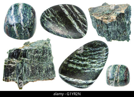 Reihe von verschiedenen natürlichen Mineralien - Chrysotil (grüne Asbest, Serpentin-Asbest, Weißasbest) Edelsteine isoliert auf w Stockfoto