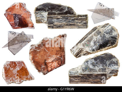 Reihe von verschiedenen natürlichen Mineralien - Exemplare von Muskovit (Dioctahedral Glimmer, gemeinsame Glimmer, Fischleim, Kali-Glimmer) isoliert Stockfoto