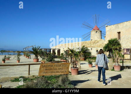 Saline, Isola Grande Island, Windmühle, Salinen von Trapani Salz, Naturschutzgebiet, Stagnone Marsala, Sizilien, Italien, Europa Stockfoto