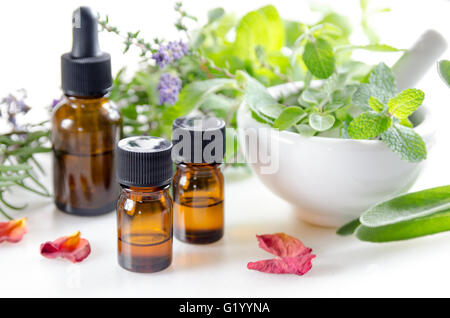 ätherische Öle mit Mörser und Stößel, mit Kräutern. Stockfoto