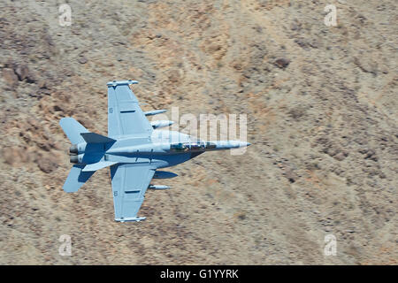 US Navy EA - 18G Super Hornet, Brummstimme, Kampfjet fliegen auf niedrigem Niveau durch eine Wüste Schlucht. Stockfoto