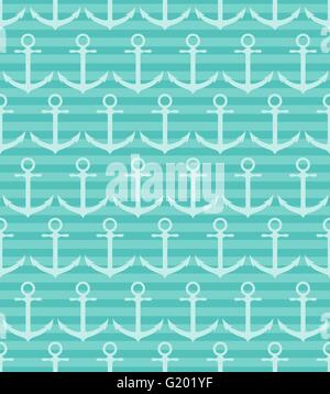 Nahtlose Muster mit Anker auf blauem gestreiften Hintergrund. Stock Vektor