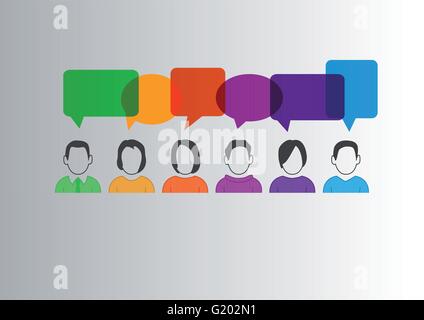 Flaches Design-Vektor-Illustration der Kommunikation zwischen verschiedenen Menschen mit bunten Sprechblasen Stock Vektor