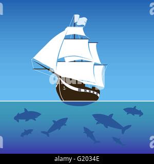 Segelschiff, umgeben von Haien im Meer Stock Vektor