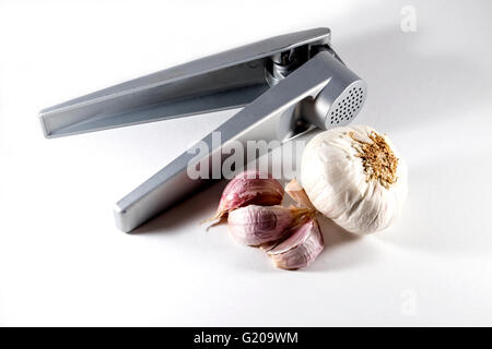 Knoblauchpresse mit Knoblauchzwiebel und Knoblauchzehen auf weißem Hintergrund Stockfoto