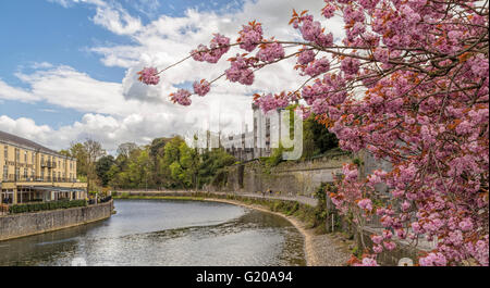 Blick von Johns Brücke am Fluss Nore und Kilkenny Castle, ein 12. Jahrhundert Norman Castle, Kilkenny, Grafschaft Kilkenny, Irland. Stockfoto