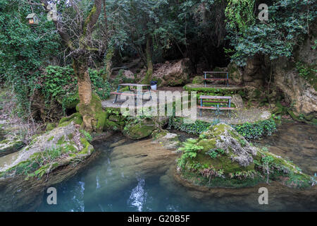 Blick auf einen kleinen See in Kurşunlu Wasserfall mit grünen Bäumen herum. Stockfoto