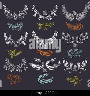 Handgezeichnete Kranz-Set im Vektor aus. Blätter und Blüten Girlanden. Romantische Blumen-Design-Elemente. Stock Vektor