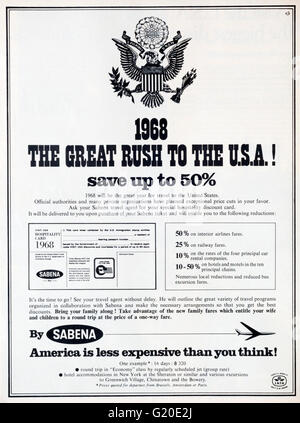 1960er Jahre Magazin Werbung Werbung amerikanische Feiertage von Sabena Airlines in den USA. Stockfoto