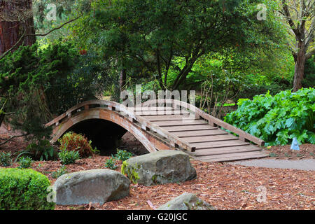 Fußgängerbrücke in einem japanischen Garten, am Point Defiance Park, Iin Tacoma, Washington. Stockfoto