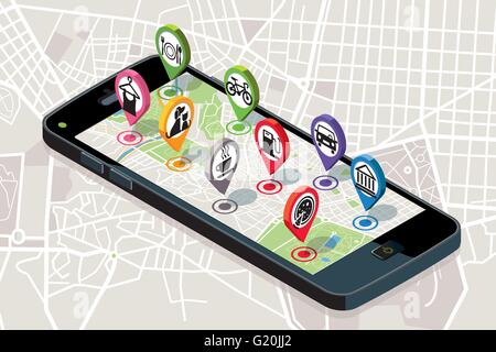 Stadtplan mit GPS-Dienste Symbole. Smartphone. Auf dem Bildschirm es einer Vektorkarte der Stadt, dem Stifte mit dem Standort angezeigt werden. Stock Vektor