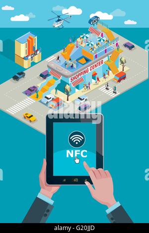 Hände halten Touchscreen-Smartphone. Mobile Anwendungen und NFC-Symbol. Im Hintergrund ein Einkaufszentrum in der isometrischen Ansicht. Stock Vektor