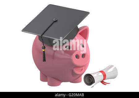 Bildungsfonds-Einsparungen mit Sparschwein, 3D-Rendering isolierten auf weißen Hintergrund Stockfoto