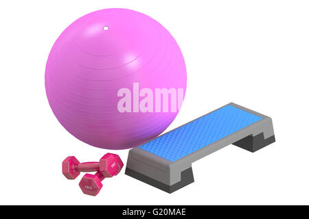 Fitness und Sport Ausstattungskonzept. Step-Aerobic Board, Hanteln und Fitball 3D-Rendering Stockfoto