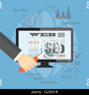 Flache Vector Illustration. Konzept der SEO-Technologie für Business Website. Hand mit Lupe, Laptop und Hand zeichnen Symbole. Stock Vektor