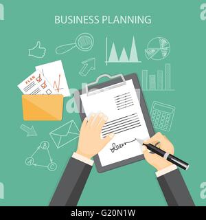 Flache moderne Design Konzept der Business Planung mit Händen, schriftlich den Vertrag mit Icons und Hand gezeichneten Symbole. Eps 10. Stock Vektor