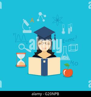 Flaches Design moderne Vektor Illustration Set Konzept der Online-Schulung, Ausbildung, Studium mit Buch, Mädchen, Apple - Eps 10 Stock Vektor