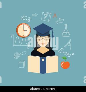Flaches Design moderne Vektor Illustration Konzept der Schule, Ausbildung, Studium, Training mit Mädchen, Buch, Uhr und Apfel - Eps 10 Stock Vektor