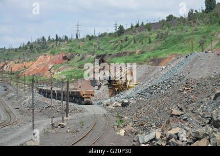 Bagger laden das Eisenerz auf der Güterzug auf der Tagebau Stockfoto