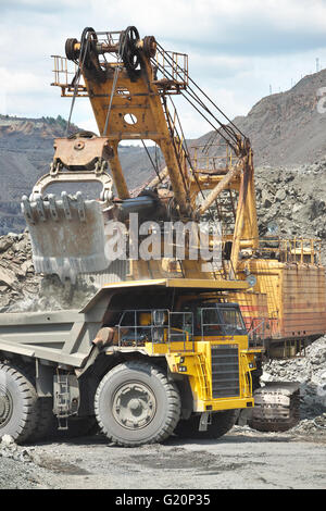 Bagger das Eisenerz auf den Tagebau zu entwickeln und auf den Muldenkipper laden Stockfoto