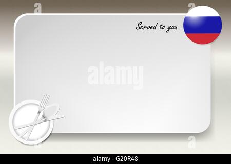 Schwarzes Brett mit Inschrift Inschrift serviert von und mit der russischen Runde-Flagge in der Ecke. Stock Vektor