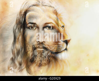 Gemälde von Jesus mit einem Löwen, auf schönen bunten Hintergrund, Blickkontakt und Lion Profilbildnis. Stockfoto