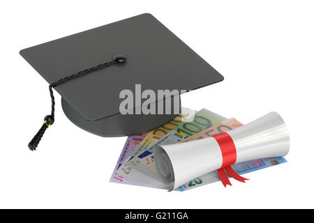 Graduation Hut, Geld und Scroll, 3D-Rendering isolierten auf weißen Hintergrund Stockfoto