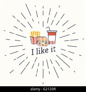 Big Burger mit Pommes Frites und Milchshake Vintage Label im Hipster-Stil Stock Vektor