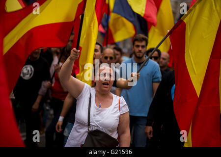 Demonstranten Welle spanische Flaggen während eines Marsches, das den Tod von Dominique Venner in Madrid gedenkt. Hunderte von weit rechten Flügel Demonstranten und Unterstützer von "Hogar soziale Madrid" eine weit rechten Flügel Organisation versammelt in Madrid zu anderen Städten Europas wie Rom, Athen und Budapest zu Dominique Venner erinnern, ein ehemaliger weit Rechte Aktivist und Historiker, der im Mai 2013 hinter dem Altar der Kathedrale von Notre-Dame in Paris Selbstmord. Venner, 78, war ein Fallschirmjäger im Algerienkrieg und später Mitglied der Secret Army Organisation (OAS), einer geheimen militärischen Poli Stockfoto