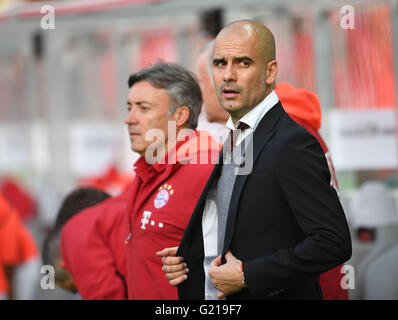 Münchens Trainer Josep "Pep" Guardiola (R) und Co-Trainer Domenec Torrent (L) zu reagieren, während der deutsche DFB-Pokal Finale Fußball zwischen Bayern München und Borussia Dortmund am Olympiastadion in Berlin, Deutschland, 21. Mai 2016 übereinstimmen. Foto: ANDREAS GEBERT/dpa Stockfoto