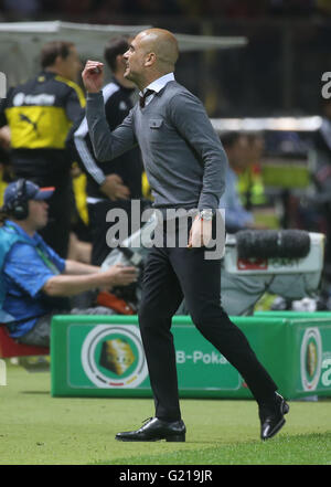 Berlin, Deutschland. 21. Mai 2016. Münchens Trainer Josep "Pep" Guardiola während der deutsche DFB-Pokal Finale Fußballspiel zwischen Bayern München und Borussia Dortmund am Olympiastadion in Berlin, Deutschland, 21. Mai 2016 reagiert. Foto: KAY NIETFELD/Dpa/Alamy Live News Stockfoto