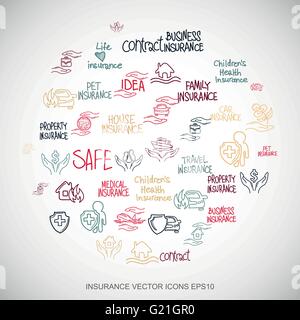 Multicolor Kritzeleien set Hand gezeichnet Versicherung Icons auf weiß. EPS10 Vektor-Illustration. Stock Vektor