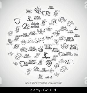 Schwarzen Kritzeleien Hand gezeichnet Versicherung Symbole auf weiß gesetzt. EPS10 Vektor-Illustration. Stock Vektor