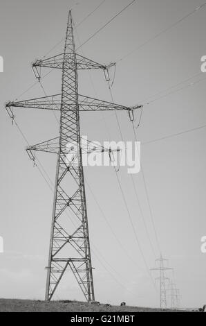 Hohe Spannung der elektrischen Übertragung Türme Strommasten und macht Linien schwarz Silhouette auf Feld Stockfoto