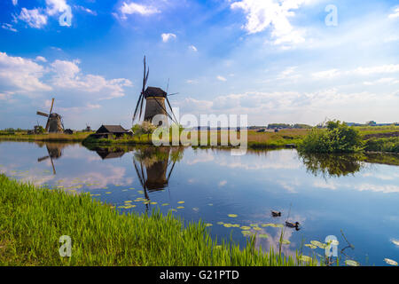 Spiegelt sich in den holländischen Kanälen bei Kinderdijk, der UNESCO in den Niederlanden Windmühlen Stockfoto