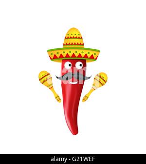Mexikanische Symbole, rote Chilischote, Sombrero Hut, musikalische Maracas, Schnurrbart Stock Vektor