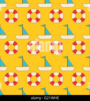 Nahtlose Muster mit Meer-Elementen: Segelboote und Rettungsring Stock Vektor