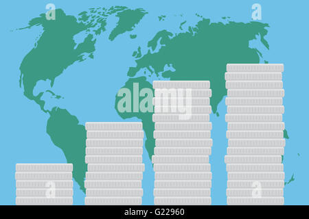 Global Business Finance Karte Geld. Weltkarte und globalen Konzept, Wirtschaft und Investition Erfolg Marktwachstum.  Vektor flache desi Stockfoto