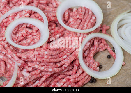 Rohes Hackfleisch / Fleisch und Zwiebel Ringe Nahaufnahme mit frischem Gemüse auf dem Hintergrund Stockfoto