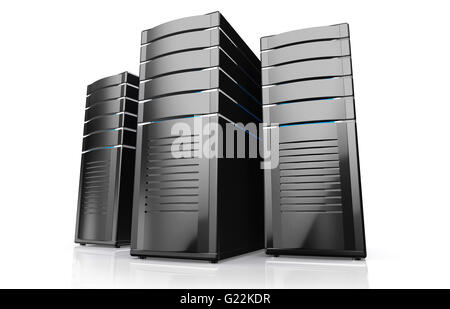 3D Darstellung der Netzwerk-Workstation-Server isoliert auf weißem Hintergrund. Stockfoto