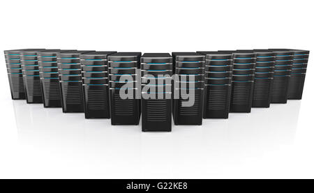 3D Darstellung der Netzwerk-Workstation-Server isoliert auf weißem Hintergrund. Stockfoto