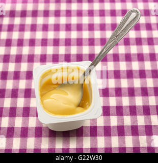 Offenen Joghurt im Topf mit Metalllöffel closeup Stockfoto