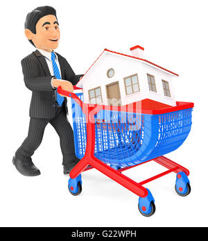 3d-Geschäft Leute Abbildung. Geschäftsmann treibt ein Warenkorb mit einem Haus. Immobilien. isoliert weißer Hintergrund. Stockfoto